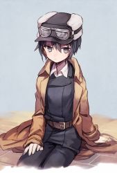 Rule 34 | 1girl, belt, black eyes, black hair, black hat, black jacket, black pants, brown belt, brown coat, closed mouth, coat, collared coat, collared shirt, commentary, fur hat, goggles, goggles on headwear, grey background, hair between eyes, hand on own thigh, hand on thigh, hat, jacket, kino (kino no tabi), kino no tabi, long sleeves, looking to the side, open clothes, open coat, pants, shirt, short hair, simple background, sitting, solo, soto, white shirt