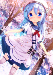 Rule 34 | 1girl, :o, beret, blue eyes, blue hair, blue sailor collar, blurry, blurry background, blush, chestnut mouth, chinomaron, commentary request, depth of field, dress, dutch angle, gochuumon wa usagi desu ka?, hair between eyes, hair ornament, hat, highres, kafuu chino, long hair, looking at viewer, neckerchief, parted lips, petals, puffy short sleeves, puffy sleeves, red neckerchief, sailor collar, sailor dress, short sleeves, solo, thighhighs, tree, very long hair, white dress, white hat, white thighhighs, x hair ornament