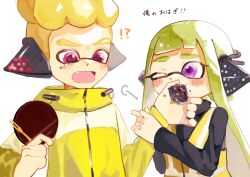 Rule 34 | !?, 1boy, 1girl, agent 3 (splatoon), agent 4 (splatoon), blonde hair, circle228dpi, closed mouth, commentary request, cupcake, eating, eyelashes, fang, food, green hair, headphones, highres, holding, holding food, inkling, inkling boy, inkling girl, inkling player character, jacket, long hair, nintendo, one eye closed, pink eyes, purple eyes, short hair, simple background, splatoon (series), splatoon 1, splatoon 2, tentacle hair, thick eyebrows, translation request, white background, yellow jacket