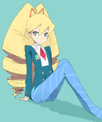 Rule 34 | 00s, 1girl, big hair, blue background, blue eyes, blue jacket, blue pants, brws, buttons, capcom, drill hair, full body, jacket, knees up, long hair, long sleeves, looking at viewer, luna platz (mega man), mega man (series), mega man star force, necktie, pants, pantyhose, red necktie, simple background, solo, striped clothes, striped pantyhose, twin drills, twintails, very long hair