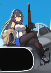 Rule 34 | 1girl, aircraft, airplane, bare shoulders, black hair, blush, breasts, crossed legs, detached sleeves, f-100, girls&#039; frontline, gloves, hair flaps, highres, jet, kion-kun, large breasts, long hair, mole, mole under eye, pantyhose, pleated skirt, shoes, sidelocks, sitting, skirt, sleeveless, smile, solo, super sass, super sass (girls&#039; frontline), thighs, very long hair