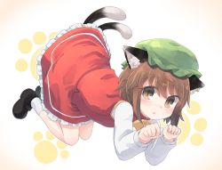 Rule 34 | 1girl, animal ear fluff, animal ears, black footwear, blouse, blush, bow, bowtie, brown eyes, brown hair, cat ears, cat girl, cat tail, chen, colored eyelashes, commentary, earrings, frilled skirt, frills, full body, green hat, hat, jewelry, kibisake, long sleeves, looking at viewer, mob cap, multiple tails, open mouth, paw pose, paw print, red skirt, red vest, shirt, short hair, skirt, skirt set, socks, solo, tail, touhou, two tails, vest, white shirt, white socks, yellow bow, yellow bowtie