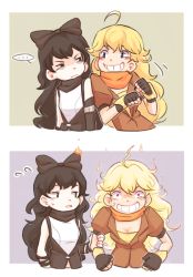 Rule 34 | ..., 2girls, 2koma, ahoge, anger vein, angry, arm grab, armlet, black hair, blake belladonna, blonde hair, blush, bow, breasts, burning, cleavage, clenched teeth, comic, commentary, false smile, fingerless gloves, fire, flying sweatdrops, friedbun, gloves, grey background, hair bow, looking at viewer, medium breasts, motion lines, multiple girls, rwby, silent comic, simple background, smile, standing, stitched, teeth, third-party edit, upper body, yang xiao long