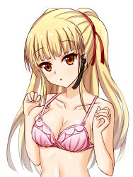 Rule 34 | 1girl, :o, angel beats!, bare arms, blonde hair, blunt bangs, blush, bra, breasts, cleavage, collarbone, commentary request, earpiece, hair ribbon, hands up, highres, long hair, looking at viewer, medium breasts, open mouth, orange eyes, pink bra, red ribbon, ribbon, sidelocks, simple background, solo, straight hair, tamba i, tsurime, underwear, underwear only, upper body, white background, yusa (angel beats!)