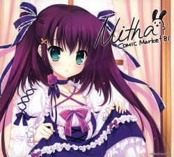 Rule 34 | 1girl, absurdres, bow, bowtie, choker, clothes lift, collarbone, criss-cross halter, dress, dress lift, green eyes, halterneck, highres, lifted by self, lolita fashion, long sleeves, looking at viewer, mitha, pink bow, pink bowtie, purple hair, signature, tareme, upper body