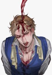 Rule 34 | 1boy, :q, alcohol, blonde hair, blush, bottle, bustersiri, cup, dio brando, drinking, drinking glass, ear birthmark, glaring, highres, jojo no kimyou na bouken, licking lips, looking at viewer, male focus, one eye closed, phantom blood, portrait, pouring, red eyes, red wine, shirt, simple background, solo, spill, spilling, stain, sweater vest, tongue, tongue out, wet, wet clothes, wet hair, wet shirt, white background, wine, wine bottle, wine glass