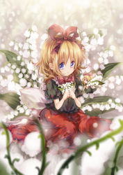 Rule 34 | 1girl, blonde hair, blue eyes, bow, bowtie, dqn (dqnww), field, flower, flower field, hair bow, hair ribbon, lily of the valley, looking at viewer, medicine melancholy, puffy sleeves, ribbon, shirt, short hair, short sleeves, sitting, skirt, solo, su-san, touhou
