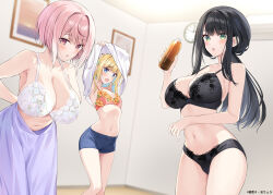 Rule 34 | 3girls, :o, absurdres, armpit crease, armpits, arms behind back, arms up, bare arms, bare shoulders, black bra, black hair, black panties, blonde hair, blue eyes, blurry, blush, bottle, bra, breasts, cleavage, clock, collarbone, commentary request, copyright request, depth of field, green eyes, hand up, head tilt, highres, holding, holding bottle, indoors, large breasts, lingerie, looking at viewer, looking to the side, medium breasts, multiple girls, navel, open mouth, oryo (oryo04), panties, picture frame, pink eyes, pink hair, second-party source, short shorts, shorts, sideboob, sideways glance, small sweatdrop, stomach, underwear, undressing, white bra