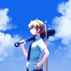 Rule 34 | 1girl, blonde hair, blue eyes, cloud, club, club (weapon), day, from side, hair ribbon, hand on own hip, highres, holding, holding weapon, horns, kill me baby, long hair, necktie, oni horns, outdoors, over shoulder, profile, ribbon, setsubun, shirt, short sleeves, sky, smile, solo, sonya (kill me baby), spiked club, twintails, very long hair, weapon, weapon over shoulder, white shirt, yachima tana