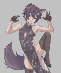Rule 34 | 1boy, animal ears, bare shoulders, black dress, black footwear, black gloves, black legwear, china dress, chinese clothes, claw pose, crossdressing, dog boy, dog ears, dog tail, dress, earrings, floral print, gloves, grey background, hair ornament, hairclip, half gloves, high heels, highres, indie virtual youtuber, jewelry, looking at viewer, male focus, no panties, pelvic curtain, pumps, purple eyes, purple hair, short hair, shoto (vtuber), standing, standing on one leg, tail, tako wieners, thighhighs, thighs, virtual youtuber