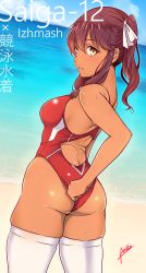 Rule 34 | 1girl, aiuti, ass, beach, brown hair, character name, commentary request, competition swimsuit, dark-skinned female, dark skin, day, from behind, girls&#039; frontline, highres, long hair, looking at viewer, looking back, one-piece swimsuit, outdoors, ponytail, red one-piece swimsuit, saiga-12 (girls&#039; frontline), signature, solo, swimsuit, tan, twisted torso, white legwear, yellow eyes