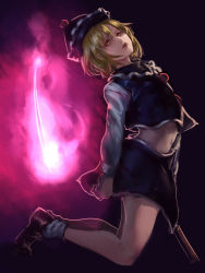 Rule 34 | 1girl, black skirt, blonde hair, blouse, bobby socks, buttons, capelet, expressionless, ghost, glowing, inishie kumo, kneeling, long sleeves, looking at viewer, lunasa prismriver, midriff, navel, realistic, shirt, shoes, short hair, skirt, socks, solo, touhou, vest, yellow eyes