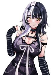 Rule 34 | 1girl, absurdres, bare shoulders, belt, black choker, black dress, black gloves, black hair, blunt bangs, breasts, chest belt, choker, cleavage, dress, elbow gloves, gloves, hair ornament, hairclip, highres, hololive, hololive english, jerrytz, large breasts, looking at viewer, medium hair, multicolored hair, shiori novella, shiori novella (1st costume), solo, striped clothes, striped gloves, two-tone hair, virtual youtuber, white background, white hair, yellow eyes, yorick (shiori novella)