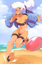 Rule 34 | 1girl, ball, beach, blue eyes, blue jacket, blue sky, breasts, cloud, collarbone, commentary, day, english commentary, full body, gris swimsuit, hair ribbon, jacket, kicking, long sleeves, looking at viewer, medium breasts, meme attire, navel, one-piece swimsuit, open clothes, open jacket, original, outdoors, ponytail, purple ribbon, ribbon, see-through, see-through legwear, see-through one-piece swimsuit, sky, smile, squeezable (squeezabledraws), stirrup legwear, swimsuit, taffy (squeezable), thighhighs, toeless legwear, toes, water, white hair