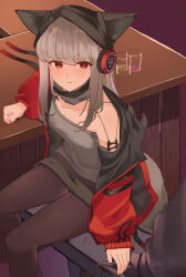 Rule 34 | 1girl, 1other, absurdres, arknights, beanie, black headwear, black skirt, breasts, brown pantyhose, clenched hand, commentary request, cup, drinking glass, ears through headwear, feet out of frame, frostleaf (arknights), grey hair, grey shirt, hat, headphones, highres, jacket, long sleeves, nail polish, off shoulder, open clothes, open jacket, out of frame, pantyhose, parted lips, puffy long sleeves, puffy sleeves, red eyes, red jacket, red nails, shirt, sitting, skirt, small breasts, solo focus, suzubotan, symbol-shaped pupils