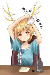 Rule 34 | 1girl, antlers, arms up, blonde hair, blue shirt, bottle, breasts, cleaning, closed mouth, collarbone, commentary request, dragon horns, expressionless, highres, horns, kachuten, kicchou yachie, light blush, looking up, medium breasts, napkin, orange eyes, shirt, short hair, short sleeves, simple background, sketch, solo, sparkle, swept bangs, table, touhou, upper body, white background, wide sleeves