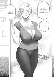 Rule 34 | 1girl, absurdres, blush, breasts, cleavage, collarbone, denim, doorway, ear piercing, english text, greyscale, highres, holding, holding phone, jnsdh, large breasts, looking at viewer, mature female, monochrome, original, pants, parted bangs, phone, piercing, short hair, short sleeves, smile, solo, standing