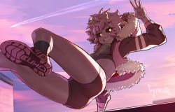 Rule 34 | 1girl, alternate costume, artist name, ashido mina, black sclera, boku no hero academia, breasts, brown jacket, colored sclera, colored skin, commentary, cyfrus, foot out of frame, fur trim, grin, highres, horns, jacket, looking at viewer, outdoors, pink hair, pink shorts, pink skin, purple skin, shoes, short hair, short shorts, shorts, small breasts, smile, socks, solo, yellow eyes