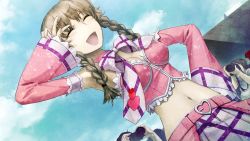 Rule 34 | 1girl, :d, alternate costume, amane suzuha, armpits, belt, bow, bowtie, braid, breasts, brown hair, camera, cleavage, closed eyes, cloud, comiket, day, detached sleeves, dutch angle, game cg, hand on own hip, heart, huke, jpeg artifacts, medium breasts, midriff, navel, necktie, official art, open mouth, orisaka mei, outdoors, sky, smile, steins;gate, sweatdrop, tokyo big sight, twin braids, v over eye