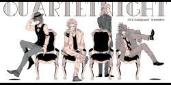 Rule 34 | 4boys, alternate hairstyle, armchair, bespectacled, bow, bowtie, buttoned cuffs, camus (uta no prince-sama), chair, collared shirt, cross-laced footwear, double-parted bangs, fedora, figure four sitting, formal, from behind, glasses, greyscale, group name, hair between eyes, hair bun, hair slicked back, half updo, hat, head rest, hito666 syou, jacket, kotobuki reiji, kurosaki ranmaru, lapels, leg up, letterboxed, loafers, looking at viewer, loose necktie, male focus, medium hair, mikaze ai, monochrome, multiple boys, necktie, notched lapels, on chair, open clothes, open jacket, pants, profile, quartet night, shirt, shoes, short hair, short ponytail, sideways glance, simple background, single hair bun, sitting, sitting sideways, sleeve garter, spiked hair, standing, straight-on, striped clothes, striped jacket, striped pants, striped suit, suit, suit jacket, unmoving pattern, uta no prince-sama, v-neck, vertical-striped clothes, vertical-striped jacket, vest, white background, wing collar