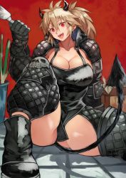 Rule 34 | 1girl, absurdres, ankle boots, apron, black apron, black gloves, black horns, black tail, boots, breasts, brown hair, cleavage, demon horns, demon tail, dorohedoro, fang, gloves, gluteal fold, head tilt, highres, horns, large breasts, leg up, looking at viewer, nikaidou (dorohedoro), no bra, open mouth, ponytail, red eyes, sitting, solo, spatula, spiked hair, tail, thick thighs, thighs, yoshio (55level)