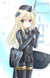 Rule 34 | 10s, 1girl, :o, black dress, black thighhighs, blonde hair, blue eyes, blush, clothes writing, cropped jacket, dress, fingers together, garrison cap, hat, highres, kantai collection, langley1000, long hair, looking at viewer, md5 mismatch, resolution mismatch, solo, source larger, thighhighs, u-511 (kancolle)