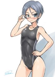 Rule 34 | 10s, 1girl, adjusting eyewear, bad id, bad pixiv id, black one-piece swimsuit, blue eyes, blush, breasts, collarbone, competition swimsuit, cowboy shot, girls und panzer, glasses, hand on own hip, highres, one-piece swimsuit, parted bangs, rimless eyewear, rumi (girls und panzer), short hair, signature, silver hair, simple background, solo, solokov (okb-999), standing, swimsuit