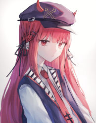 Rule 34 | 1girl, absurdres, arknights, black jacket, black ribbon, cabbie hat, closed mouth, collared shirt, eyebrows hidden by hair, gradient background, grey background, hair ornament, hair ribbon, hairclip, hat, highres, horns, horns through headwear, jacket, long hair, looking at viewer, nagute, necktie, open clothes, open jacket, pointy ears, purple hat, red eyes, red hair, red necktie, ribbon, shirt, solo, upper body, vigna (arknights), white shirt