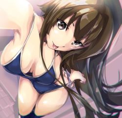 Rule 34 | 10s, 1girl, armadillo-tokage, bad id, bad twitter id, breasts, breasts apart, brown eyes, brown hair, chromatic aberration, competition school swimsuit, downblouse, kantai collection, long hair, looking at viewer, md5 mismatch, one-piece swimsuit, reaching, reaching towards viewer, resized, school swimsuit, selfie, solo, swimsuit, tongue, tongue out, twitter username, yamato (kancolle)