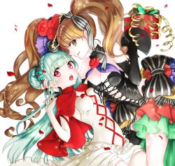 Rule 34 | 2girls, :o, absurdres, achiko (tamara), black bow, black gloves, boo (chain chronicle), bow, braid, breasts, brown eyes, brown hair, capelet, chain chronicle, cleavage, clothing cutout, elbow gloves, flower, gift, gloves, green hair, hair bun, hair flower, hair ornament, highres, lilith (chain chronicle), long hair, looking at viewer, medium breasts, multiple girls, navel cutout, petals, red capelet, red eyes, single hair bun, small breasts, striped, striped bow, twintails, very long hair, white background, white gloves, yuri