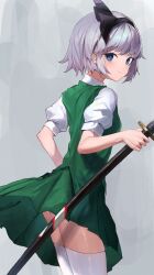 Rule 34 | 1girl, absurdres, black ribbon, blue eyes, closed mouth, commentary request, cowboy shot, green skirt, green vest, grey hair, hair ribbon, highres, holding, holding sword, holding weapon, katana, konpaku youmu, leste (humansequencer), looking at viewer, revision, ribbon, sheath, sheathed, shirt, short hair, short sleeves, skirt, smile, solo, sword, thighhighs, touhou, vest, weapon, white shirt, white thighhighs