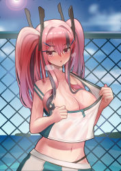 Rule 34 | 1girl, absurdres, areola slip, azur lane, bare shoulders, bow, breasts, bremerton (azur lane), bremerton (scorching-hot training) (azur lane), chain-link fence, cleavage, colored eyelashes, commentary request, crop top, crop top overhang, day, duplicate, fence, grey hair, hair between eyes, hair bow, hair ornament, hairclip, heavy breathing, highres, large breasts, lips, long hair, looking at viewer, multicolored hair, navel, nipple slip, nipples, no mole, onedoo, open mouth, outdoors, pink hair, revision, see-through, sportswear, steam, streaked hair, sun, sunlight, sweat, tennis uniform, twintails, two-tone hair, two-tone shirt, two-tone skirt, x hair ornament