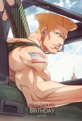 Rule 34 | 1boy, american flag, bare shoulders, blonde hair, cigarette, driving, flattop, green tank top, guile, happy birthday, highres, looking at viewer, male focus, mature male, muscular, muscular male, short hair, shoulder tattoo, sideburns, sky, smile, smoking, solo, street fighter, tank top, tattoo, upper body, yuiofire