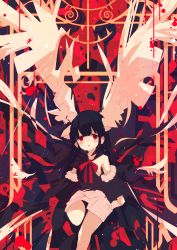 Rule 34 | 1girl, abstract, black hair, blood, blood splatter, blunt bangs, blush, bow, commentary, crying, detached sleeves, highres, long hair, looking at viewer, nishinoda, open mouth, original, red eyes, red theme, sad, solo, wings
