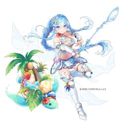 Rule 34 | 1girl, blue hair, braid, breasts, cleavage, coconut tree, company name, flower, food, fruit, full body, hair flower, hair ornament, hibiscus, holding, holding spoon, ice, ice cube, levka, looking at viewer, medium breasts, midriff, multicolored hair, navel, official art, oversized object, palm tree, red flower, simple background, skirt, smile, solo, spoon, standing, standing on one leg, starfish, streaked hair, sugar conflict, tree, turtle, white background, white skirt
