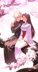 Rule 34 | 1boy, 1girl, absurdres, ankle boots, armor, belt, black footwear, black hair, black hakama, blonde hair, blue eyes, boots, branch, breasts, brown hair, cherry blossoms, closed eyes, closed mouth, cloud strife, cloud strife (murasame), couple, cross-laced footwear, dress, duoj ji, elbow gloves, final fantasy, final fantasy vii, final fantasy vii ever crisis, final fantasy vii remake, flower, full body, gloves, hair flower, hair ornament, hakama, hakama skirt, hands on own thighs, hetero, highres, in tree, japanese clothes, kimono, lace-up boots, light blush, long hair, long sleeves, looking at another, medium breasts, miko, multiple belts, official alternate costume, outdoors, petals, pink flower, red footwear, red hakama, red ribbon, red sash, red skirt, ribbon, ribbon-trimmed sleeves, ribbon trim, samurai, sash, short hair, shoulder armor, single bare shoulder, sitting, sitting in tree, skirt, sleeveless, sleeveless turtleneck, spiked hair, thighhighs, tifa lockhart, tree, turtleneck, white kimono, white thighhighs, wide sleeves, zettai ryouiki