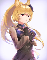 Rule 34 | 1girl, absurdres, animal ears, black gloves, blonde hair, erune, gloves, granblue fantasy, hair ornament, hands on own chest, highres, hinataa, long hair, looking at viewer, ponytail, red eyes, simple background, solo, yuisis (granblue fantasy)