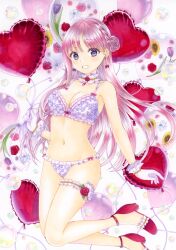 Rule 34 | 1girl, artist name, balloon, bra, braid, breasts, bubble, choker, cleavage, commentary, earrings, floating, floral print, frilled bra, frilled choker, frilled panties, frills, gloves, grin, heart balloon, high heels, highres, holding, jewelry, legs up, lingerie, long hair, marker (medium), medium breasts, navel, original, osumi izumi, panties, pink bra, pink choker, pink panties, print bra, print panties, purple eyes, purple hair, red footwear, signature, smile, solo, traditional media, underwear, white gloves