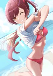 Rule 34 | 1girl, absurdres, ass, beach, bikini, blue sky, blurry, blurry background, blush, breasts, brown hair, clothes lift, day, dutch angle, floating hair, grin, highres, idolmaster, idolmaster shiny colors, lens flare, lifted by self, long hair, looking at viewer, marishiten (mar1sh110), medium breasts, navel, ocean, osaki amana, outdoors, red bikini, shirt, shirt lift, short sleeves, side ponytail, sidelocks, sky, smile, solo, standing, stomach, strap gap, swept bangs, swimsuit, teeth, thighs, water, wet, wet clothes, wet shirt, white shirt, yellow eyes