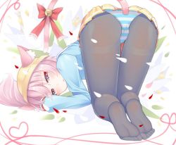 Rule 34 | 1girl, all fours, anal, anal object insertion, anal tail, animal ears, ass, azur lane, bell, black pantyhose, butt plug, cat ears, cat tail, fake tail, feet, fengli (709622571), hat, kindergarten uniform, kisaragi (azur lane), looking at viewer, no shoes, object insertion, panties, panties over pantyhose, pantyhose, pink eyes, pink hair, ribbon, school hat, school uniform, soles, striped clothes, striped panties, tail, tail bell, tail ornament, tail ribbon, top-down bottom-up, underwear, white pantyhose