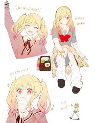 Rule 34 | 1girl, :d, alternate neckwear, blonde hair, blush, bow, bowtie, bracelet, cardigan, cardigan around waist, closed eyes, clothes around waist, colored tips, commentary request, crepe, fallwithfall, food, grey serafuku, grey shirt, grey skirt, gyaru, hair down, hair ribbon, highres, jewelry, miyamasuzaka girls&#039; academy school uniform, multicolored hair, multiple views, neck ribbon, one eye closed, open mouth, partially translated, pink eyes, pink hair, pink sweater, pleated skirt, project sekai, red bow, red bowtie, ribbon, sailor collar, school uniform, serafuku, shirt, short sleeves, skirt, sleeves rolled up, smile, socks, sparkling eyes, sweater, tenma saki, translation request, twintails, white background, white sailor collar, white socks, yellow cardigan