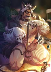Rule 34 | 3boys, :q, abs, alca (wakatanka4), animal ears, animal hood, bara, bare pectorals, belt collar, black hair, bottomless, chibi, collar, commission, dog boy, dog ears, dog tail, erection, facial hair, glasses, goatee, gyee, highres, hood, humanization, large pectorals, leg hair, lion tail, long sideburns, male focus, male pubic hair, mature male, multiple boys, muscular, muscular male, naked costume, navel, navel hair, nipples, original, paw pose, pectorals, penis, pubic hair, saliva, saliva trail, short hair, sideburns, solo focus, squatting, stomach, stubble, tail, thick eyebrows, thick thighs, thighs, tongue, tongue out, uncensored, xiawenjie