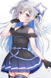 Rule 34 | 1girl, absurdres, amane kanata, amane kanata (work), angel, angel wings, bare shoulders, belt, black dress, black gloves, blue belt, blue dress, blue hair, blue thighhighs, blush, colored inner hair, commentary, dress, feathered wings, gloves, gradient dress, hair ornament, hairclip, halo, highres, hololive, jewelry, long hair, looking at viewer, mini wings, multicolored hair, necklace, parted lips, partially fingerless gloves, pleated dress, pouch, purple eyes, shano hiyori, short dress, silver hair, single hair intake, single thighhigh, sleeveless, sleeveless dress, solo, star (symbol), star halo, star necklace, surprised, thigh pouch, thighhighs, two side up, virtual youtuber, white wings, wings