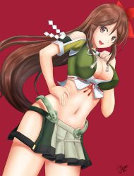 Rule 34 | 10s, 1girl, :d, amagi (kancolle), artist name, breasts, brown eyes, brown hair, chiyo goya, cleavage, cleavage cutout, clothing cutout, cowboy shot, crop top, dated, female focus, flower, green skirt, hair flower, hair ornament, hand on own hip, highres, kantai collection, large breasts, long hair, looking at viewer, midriff, navel, open mouth, pleated skirt, red background, signature, simple background, skirt, smile, solo, very long hair
