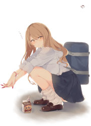 Rule 34 | 1girl, :3, bad id, bad pixiv id, bag, bead bracelet, beads, black skirt, blush, bracelet, breasts, brown eyes, brown footwear, brown hair, commentary request, drinking straw, duffel bag, fingernails, from side, full body, grey shirt, highres, jewelry, large breasts, leg warmers, loafers, long fingernails, long hair, looking at viewer, looking to the side, loose socks, milk carton, muuran, nail polish, original, own hands together, pink nails, pleated skirt, school bag, school uniform, shirt, shoes, simple background, skirt, sleeves rolled up, socks, solo, squatting, translation request, white background