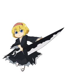 Rule 34 | 1girl, alice margatroid, black kimono, bleach, blue eyes, blush, closed mouth, cookie (touhou), cosplay, expressionless, frilled hairband, frills, full body, geta, hairband, highres, hisuisyo9, holding, holding sword, holding weapon, ichigo (cookie), japanese clothes, kimono, kurosaki ichigo, kurosaki ichigo (cosplay), looking at viewer, name connection, red hairband, short hair, simple background, solo, sword, tabi, touhou, weapon, white background, white legwear, wide sleeves, zangetsu (shikai)