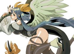 Rule 34 | 1girl, ass, asymmetrical wings, bare shoulders, belt, blue hair, breasts, cleavage, dated, detached sleeves, dizzy (guilty gear), fingernails, from side, guilty gear, guilty gear xrd, hair between eyes, hair ribbon, high heels, large breasts, long hair, looking at viewer, looking to the side, monster girl, ribbon, solo, tail, tail ornament, tail ribbon, thick thighs, thigh strap, thighhighs, thighs, twintails, wings, wryyoco