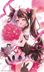 Rule 34 | 1girl, 2017, 2021, absurdres, arutera, black hair, blush, bow, cross-shaped pupils, dress, english text, flower, gloves, highres, multicolored hair, nijisanji, one eye closed, open mouth, rabbit, red eyes, ribbon, rose, skirt, smile, symbol-shaped pupils, twintails, two-tone hair, virtual youtuber, white hair, yorumi rena