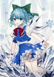 Rule 34 | 1girl, absurdres, black footwear, blue eyes, blue hair, blue skirt, blue vest, blush, bobby socks, bow, bowtie, cirno, commentary request, daimaou ruaeru, feet out of frame, frilled bow, frills, green bow, hair bow, highres, ice, ice wings, loafers, looking at viewer, miniskirt, open mouth, petticoat, puffy short sleeves, puffy sleeves, red bow, red bowtie, shirt, shoes, short hair, short sleeves, skirt, skirt set, snowflakes, socks, solo, thighs, touhou, tree, vest, white shirt, white socks, wings, wristband