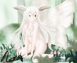 Rule 34 | 1girl, antennae, blush, breasts, colored eyelashes, commentary, forest, green eyes, hair between eyes, hair over breasts, insect wings, large wings, leaning forward, long hair, moth wings, multiple wings, nature, nude, open mouth, original, patreon logo, patreon username, signature, sitting, solo, straight hair, very long hair, wariza, weaver neith (artist), white hair, wings
